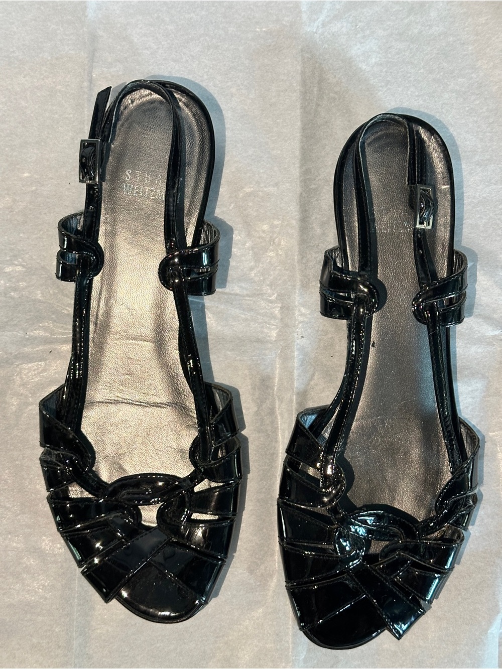 VINTAGE Stuart Weitzman Black Patent Woven Slingback Sandals